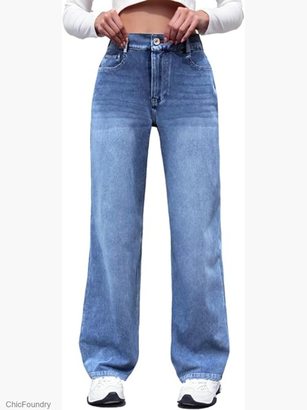High Waisted Wide Leg Stretch Jeans, Elastic Waist Pull On Straight Leg